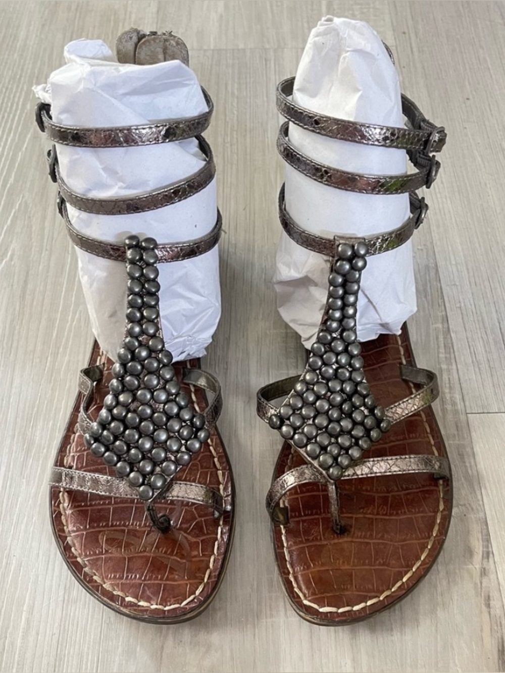 Sam Edelman Brown Faux-Croc Footbed Sandals with Silver Beaded T-Strap